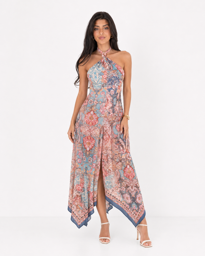 Koriora | Robe Longue Halter Andalusia — Imprimé Bohème Méditerranéen & Ourlet Mouchoir