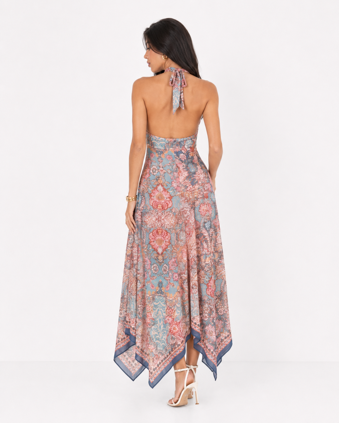 Koriora | Robe Longue Halter Andalusia — Imprimé Bohème Méditerranéen & Ourlet Mouchoir