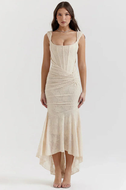 Koriora | Robe Longue Soirée Celestia — Jacquard Floral & Corset Bustier Sirène