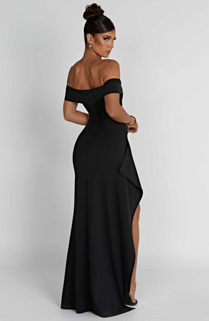 Koriora | Robe Maxi Pailletée Kelly — Bardot Élégant & Fente Haute Glamour