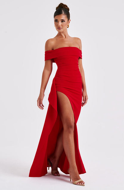 Koriora | Robe Maxi Pailletée Kelly — Bardot Élégant & Fente Haute Glamour