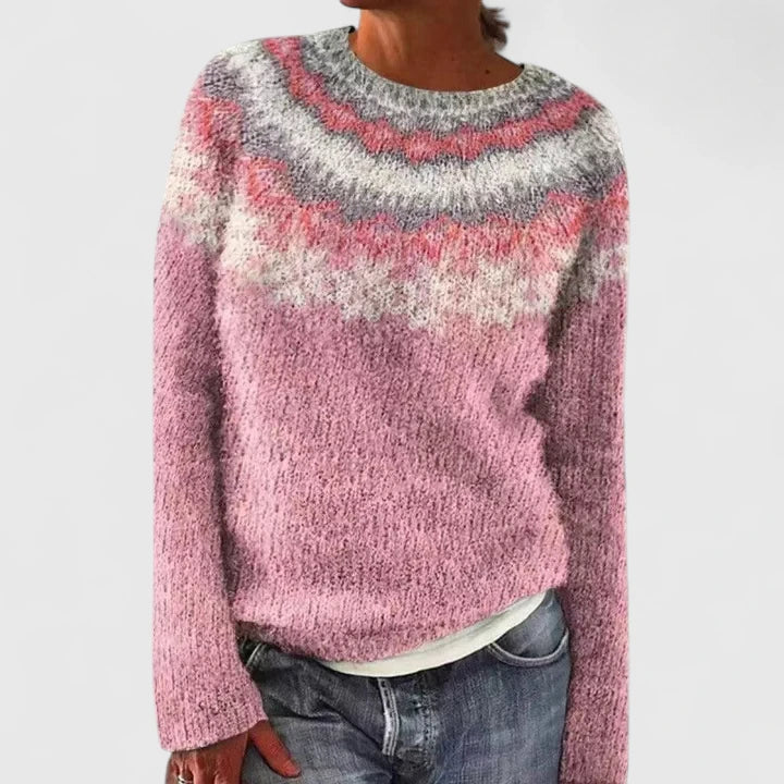 Pull Col Rond Femme Rose  Maille Douce & Motif Fair Isle