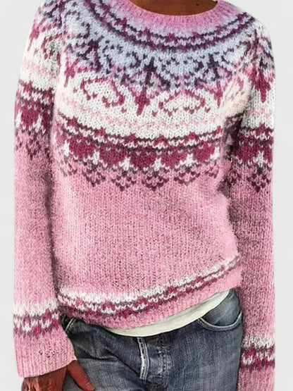 Pull Col Rond Femme Rose  Maille Douce & Motif Fair Isle