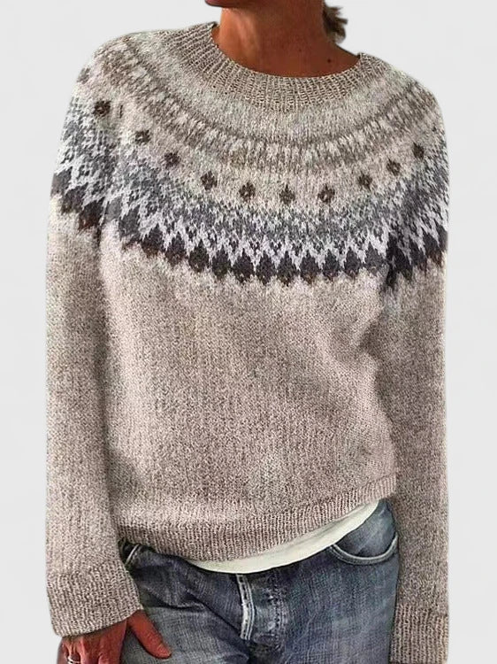 Pull Col Rond Femme Rose  Maille Douce & Motif Fair Isle