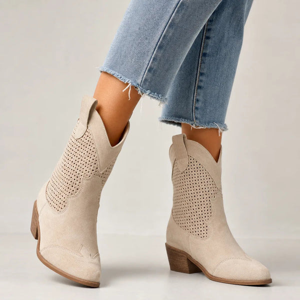 Women's Perforated Suede-Effect Western Ankle Boots