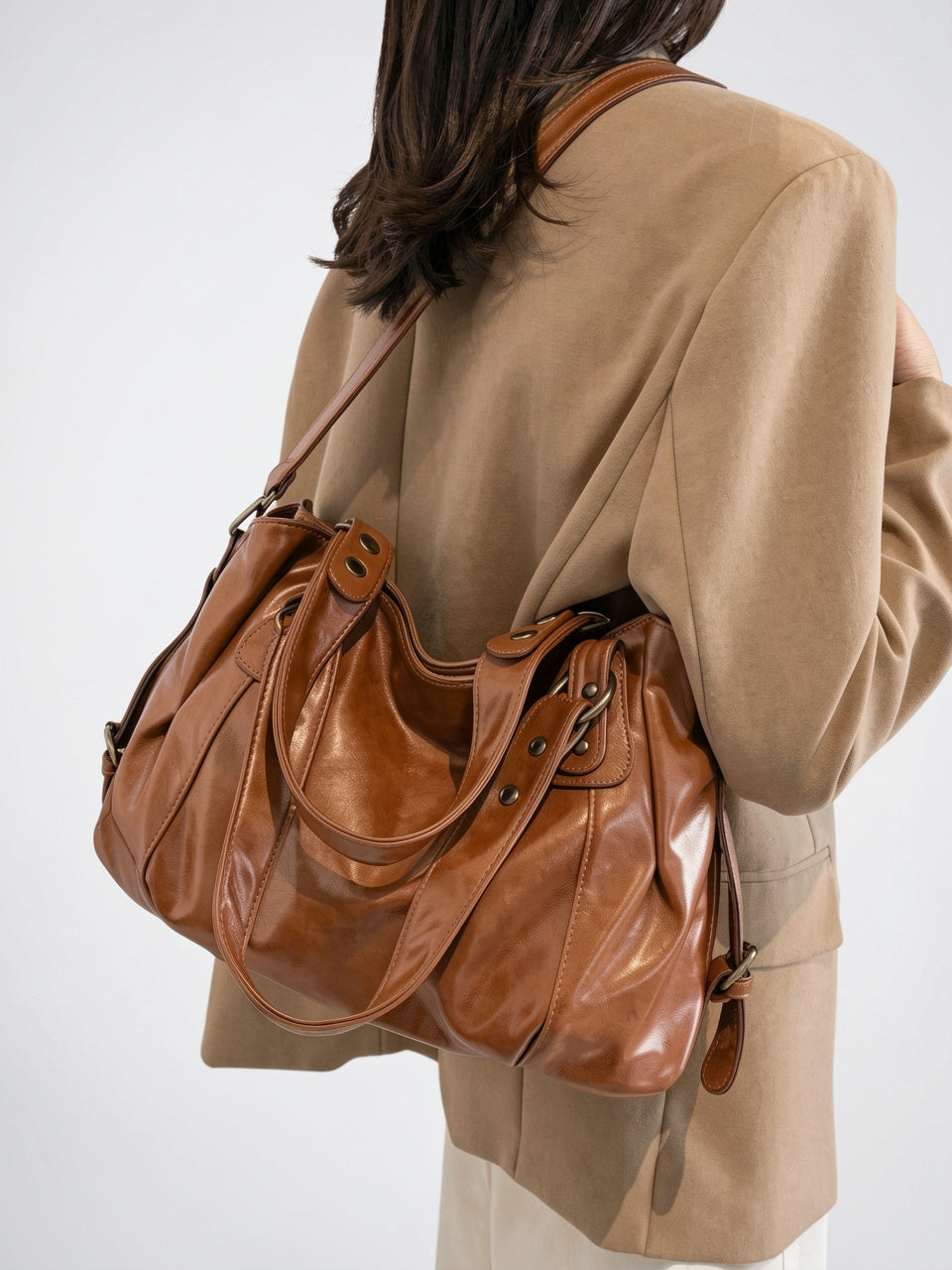 Sac Bandoulière Femme Marron Grand Format – Effet Cuir Style Vintage