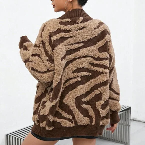 Koriora | "Safira" Zebra-Print Bouclé Cardigan — Loose Fit, V-Neck, Multicolour