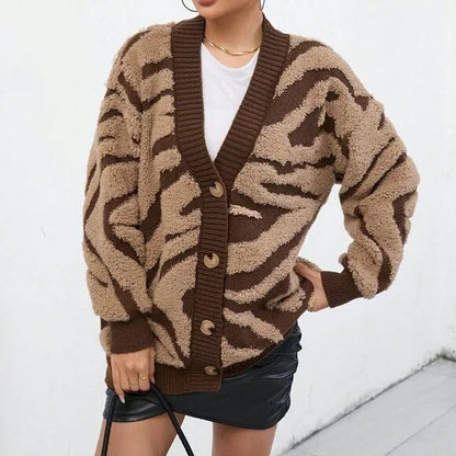 Koriora | "Safira" Zebra-Print Bouclé Cardigan — Loose Fit, V-Neck, Multicolour