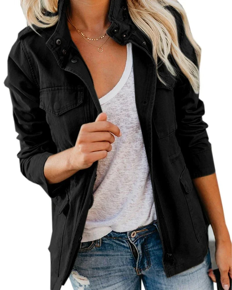 Women's Cotton-Blend Utility Jacket with Stand Collar and Pockets