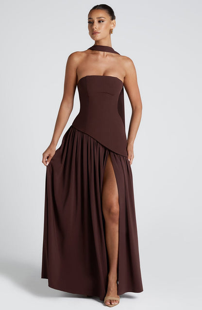 Koriora | Robe longue fendue satinée Twilight Bloom