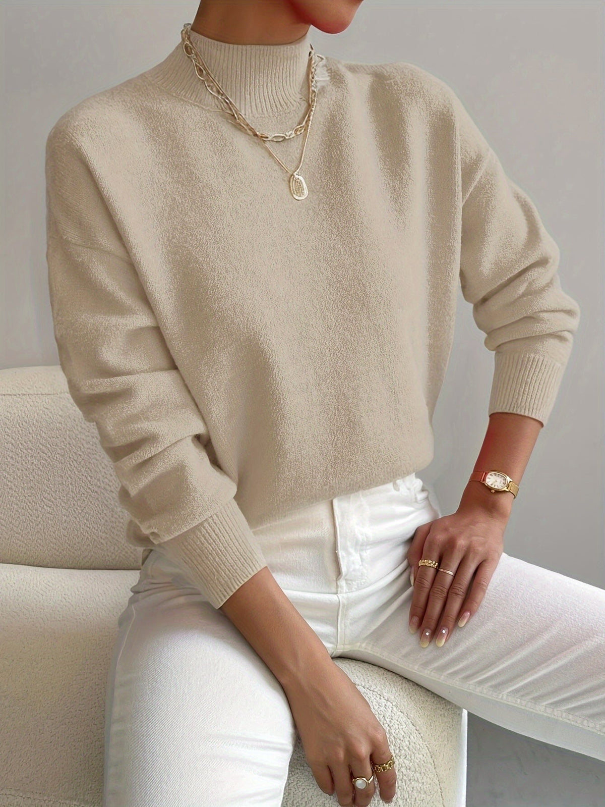 Women's Sage Green Roll-Neck Jumper — Soft Knit and Relaxed Fit