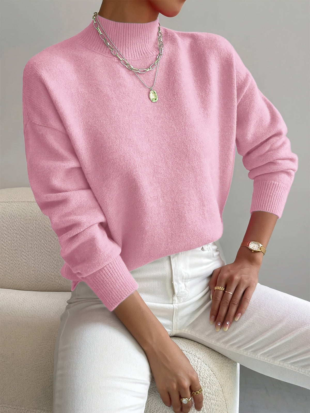 Women's Sage Green Roll-Neck Jumper — Soft Knit and Relaxed Fit