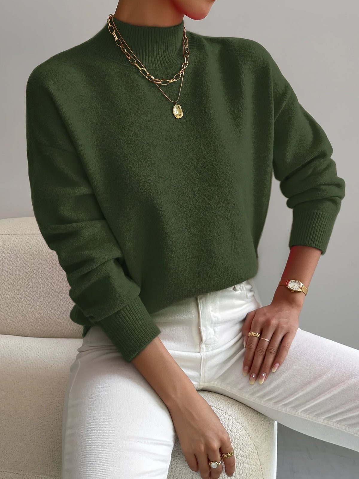 Women's Sage Green Roll-Neck Jumper — Soft Knit and Relaxed Fit