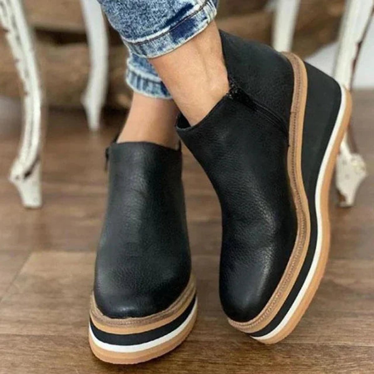 Bottines Femme Compensées à Plateforme – Simili Cuir & Zip Latéral