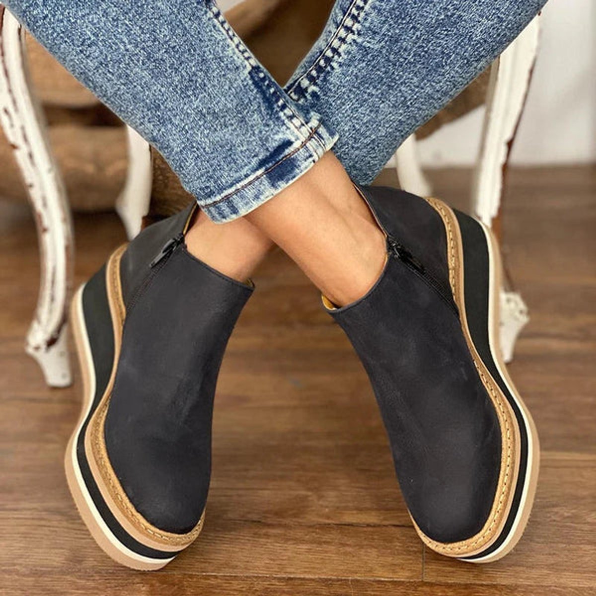 Bottines Femme Compensées à Plateforme – Simili Cuir & Zip Latéral