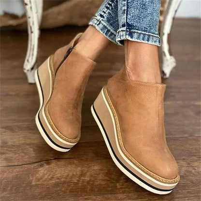 Bottines Femme Compensées à Plateforme – Simili Cuir & Zip Latéral