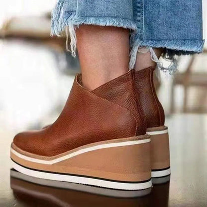 Bottines Femme Compensées à Plateforme – Simili Cuir & Zip Latéral