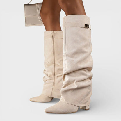 Bottes Femme à Bout Pointu & Boucle – Talon Bloc Bas et Tige Plissée