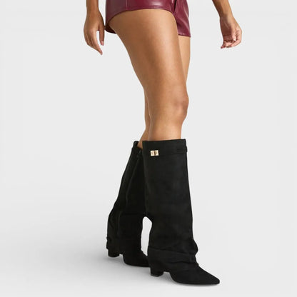 Bottes Femme à Bout Pointu & Boucle – Talon Bloc Bas et Tige Plissée