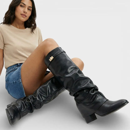 Bottes Femme à Bout Pointu & Boucle – Talon Bloc Bas et Tige Plissée