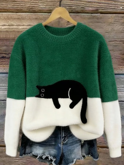 Koriora | Women's Cat-Motif Knitted Jumper — Soft Colour-Block and Original Autumn-Winter Style