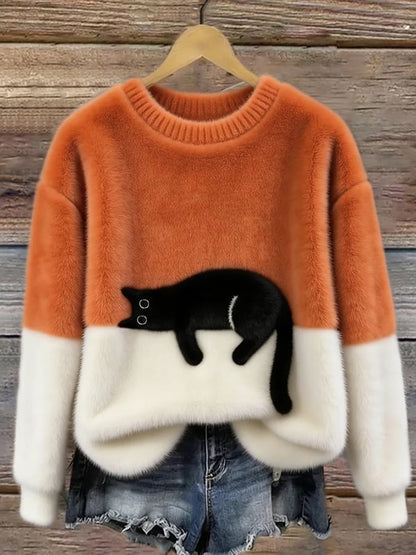 Koriora | Women's Cat-Motif Knitted Jumper — Soft Colour-Block and Original Autumn-Winter Style