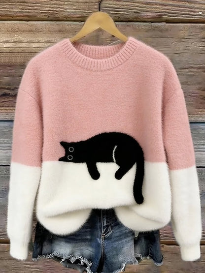 Koriora | Women's Cat-Motif Knitted Jumper — Soft Colour-Block and Original Autumn-Winter Style