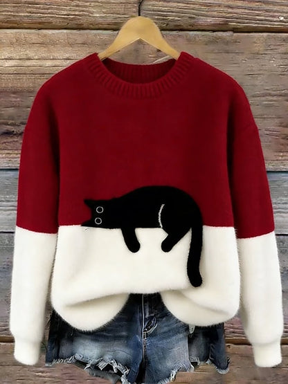 Koriora | Women's Cat-Motif Knitted Jumper — Soft Colour-Block and Original Autumn-Winter Style