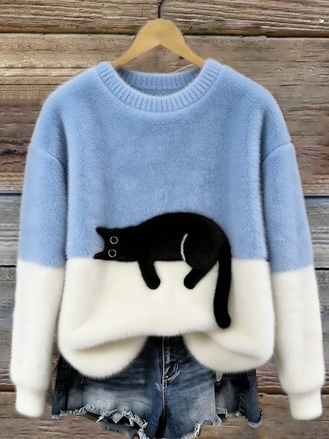 Koriora | Women's Cat-Motif Knitted Jumper — Soft Colour-Block and Original Autumn-Winter Style