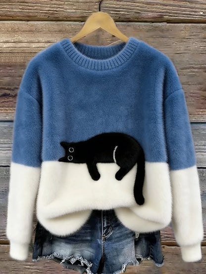 Koriora | Women's Cat-Motif Knitted Jumper — Soft Colour-Block and Original Autumn-Winter Style