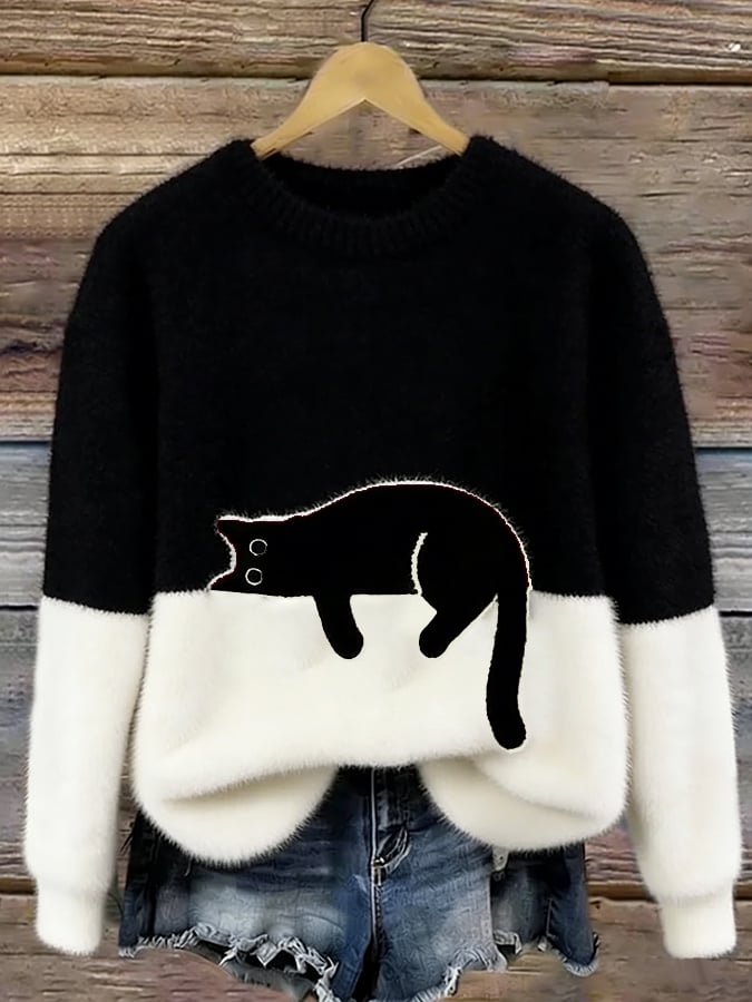 Koriora | Women's Cat-Motif Knitted Jumper — Soft Colour-Block and Original Autumn-Winter Style