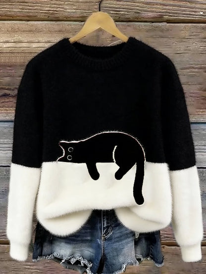 Koriora | Women's Cat-Motif Knitted Jumper — Soft Colour-Block and Original Autumn-Winter Style