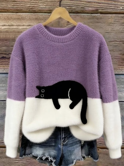 Koriora | Women's Cat-Motif Knitted Jumper — Soft Colour-Block and Original Autumn-Winter Style