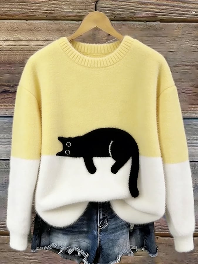 Koriora | Women's Cat-Motif Knitted Jumper — Soft Colour-Block and Original Autumn-Winter Style