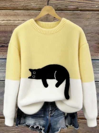 Koriora | Women's Cat-Motif Knitted Jumper — Soft Colour-Block and Original Autumn-Winter Style
