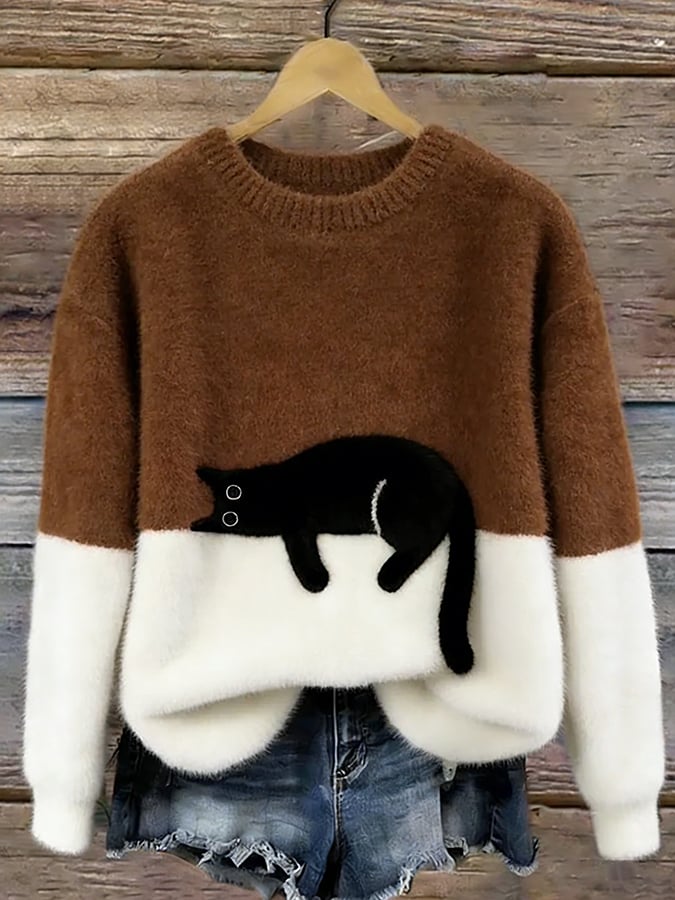 Koriora | Women's Cat-Motif Knitted Jumper — Soft Colour-Block and Original Autumn-Winter Style
