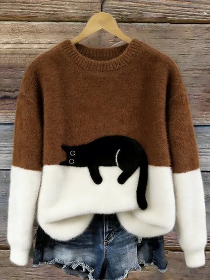 Koriora | Women's Cat-Motif Knitted Jumper — Soft Colour-Block and Original Autumn-Winter Style