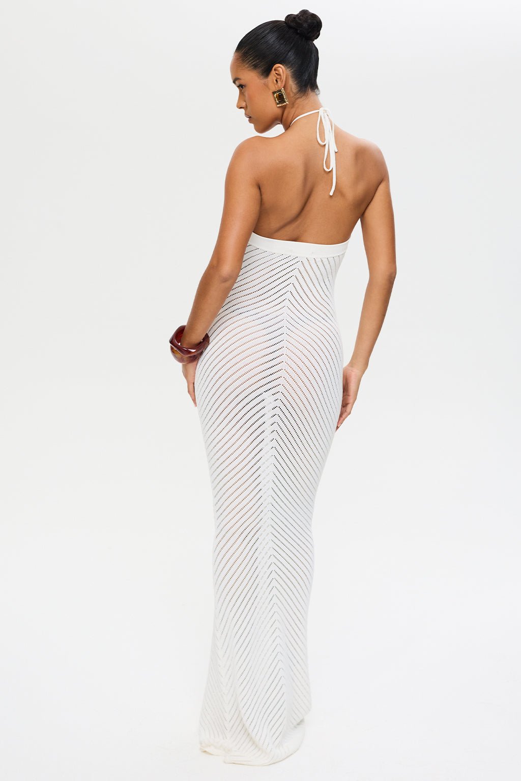 Koriora | Robe Maxi Tricot Remy — Halter Dos Nu & Effet Allongeant Chevron