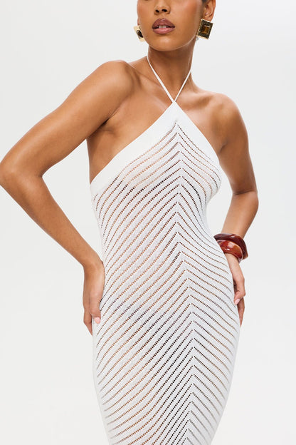 Koriora | Robe Maxi Tricot Remy — Halter Dos Nu & Effet Allongeant Chevron