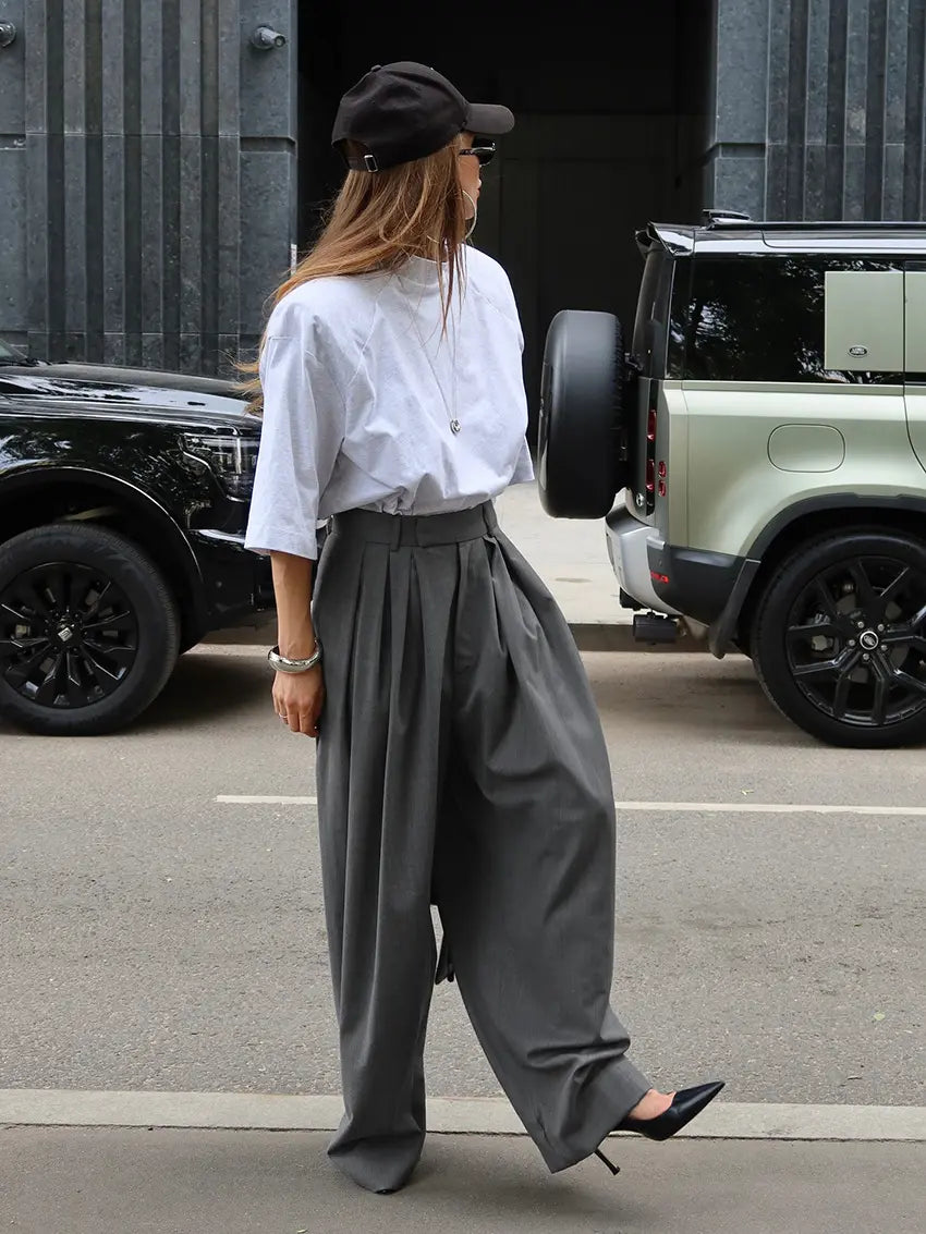 Pantalon Palazzo Femme Gris Taille Haute à Pinces – Coupe Très Large