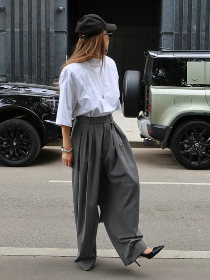 Pantalon Palazzo Femme Gris Taille Haute à Pinces – Coupe Très Large