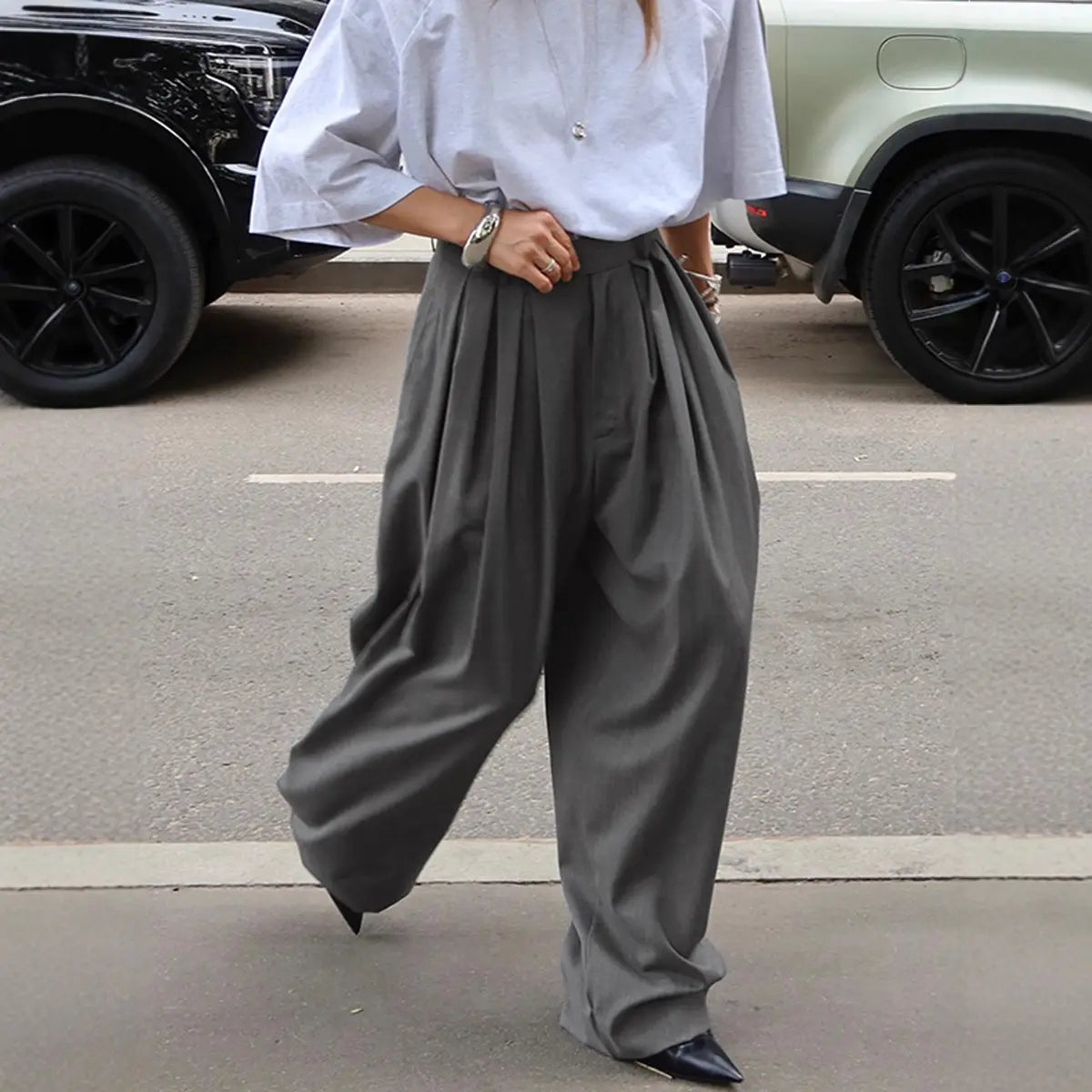 Pantalon Palazzo Femme Gris Taille Haute à Pinces – Coupe Très Large