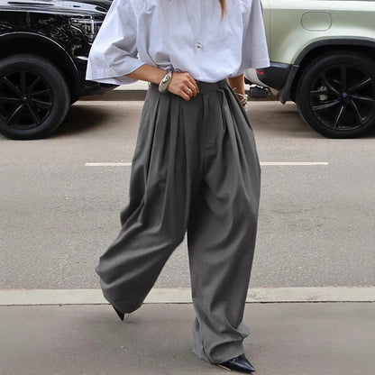 Pantalon Palazzo Femme Gris Taille Haute à Pinces – Coupe Très Large