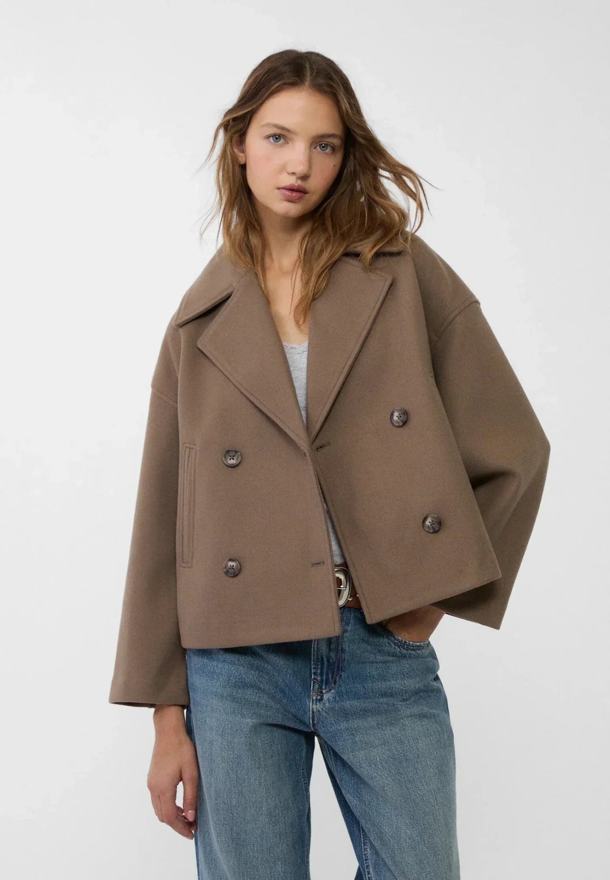 Veste Femme Courte Oversize à Double Boutonnage  Col Tailleur
