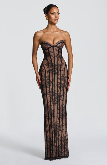 Koriora | Robe Maxi Mina — Corset Dentelle & Colonne Élégante Dos Lacé