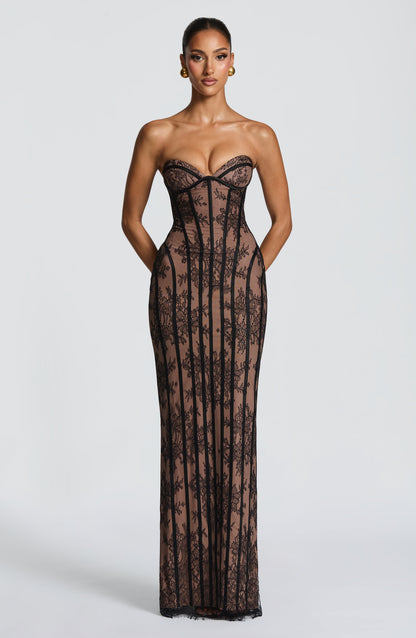 Koriora | Robe Maxi Mina — Corset Dentelle & Colonne Élégante Dos Lacé