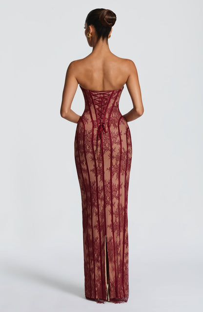 Koriora | Robe Maxi Mina — Corset Dentelle & Colonne Élégante Dos Lacé