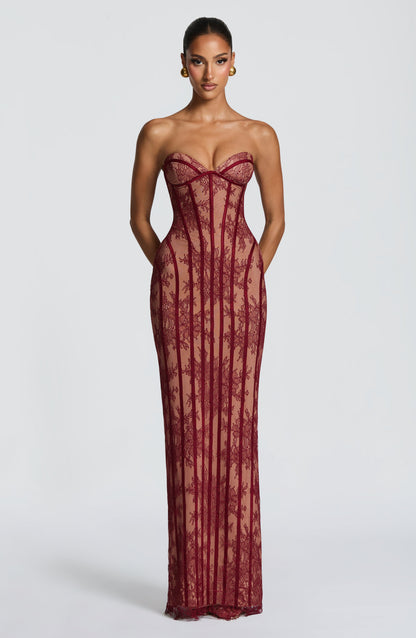 Koriora | Robe Maxi Mina — Corset Dentelle & Colonne Élégante Dos Lacé