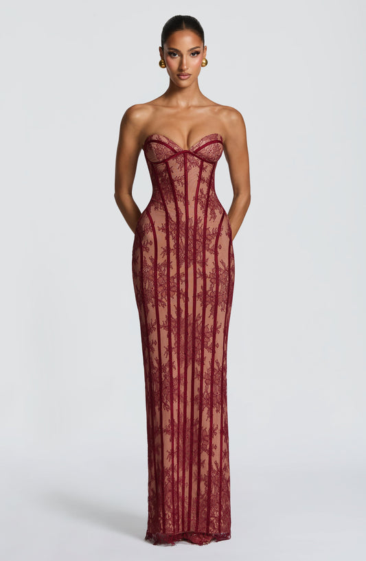 Koriora | Robe Maxi Mina — Corset Dentelle & Colonne Élégante Dos Lacé