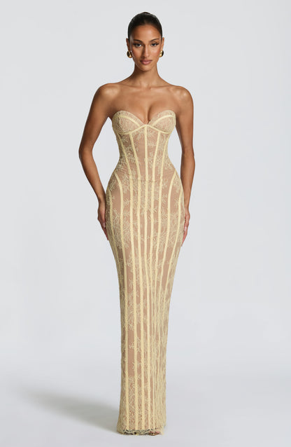 Koriora | Robe Maxi Mina — Corset Dentelle & Colonne Élégante Dos Lacé